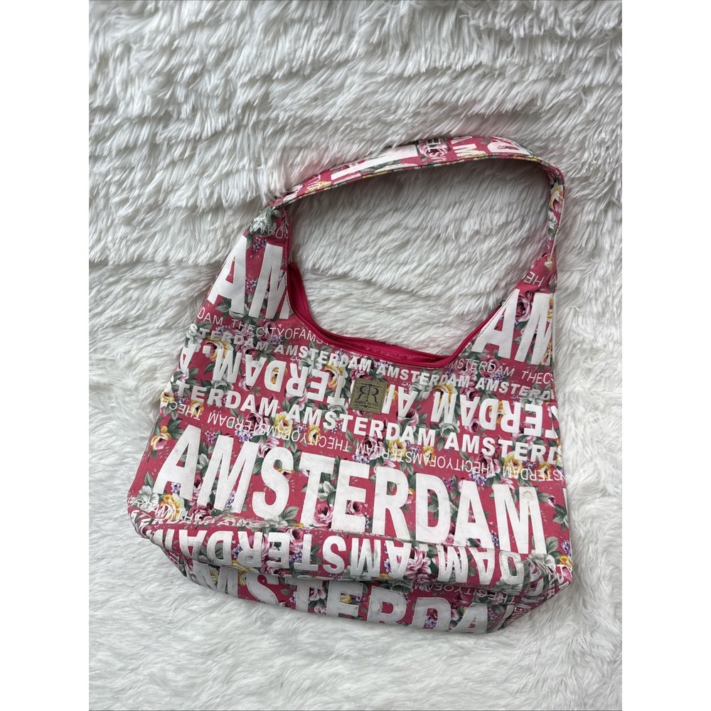 Robin Ruth Amsterdam Zip Shoulder Bag Boho Tote Pink With Flowers White‎ Letters